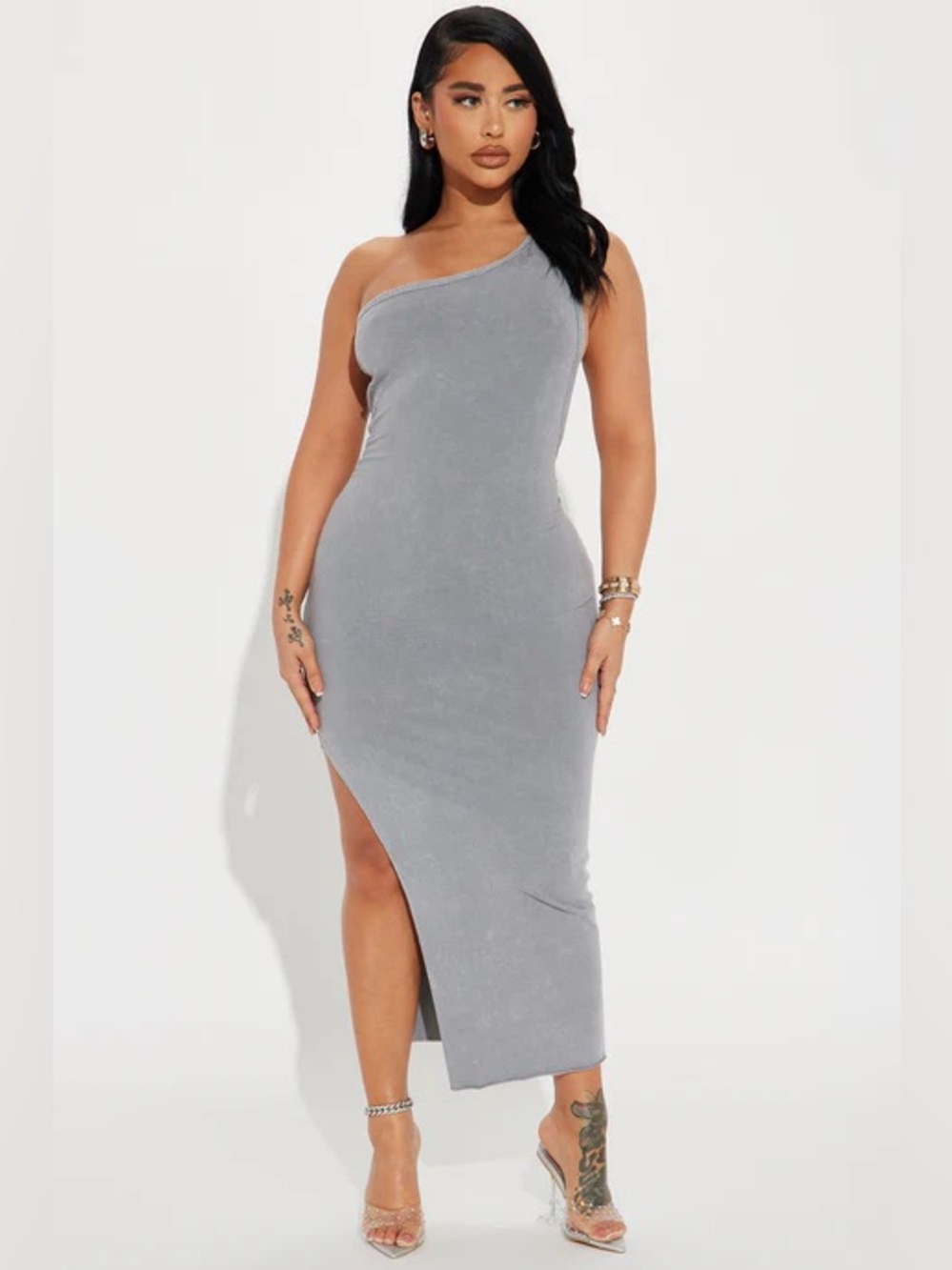 Fashion Nova One-Shoulder Midi Dress in Light Gray